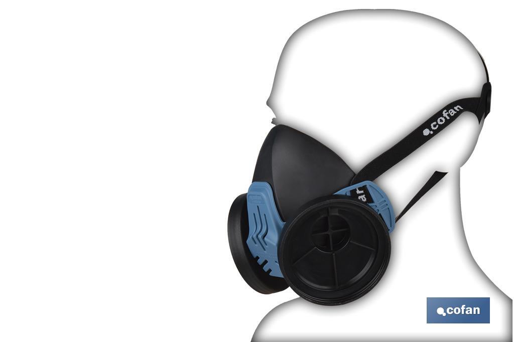 Demi-masque | Pour deux filtres de protection interchangeables | Bandes de fixation | Protection contre les gaz, vapeurs et particules dangereux | Conforme à EN 140:1998 - Cofan