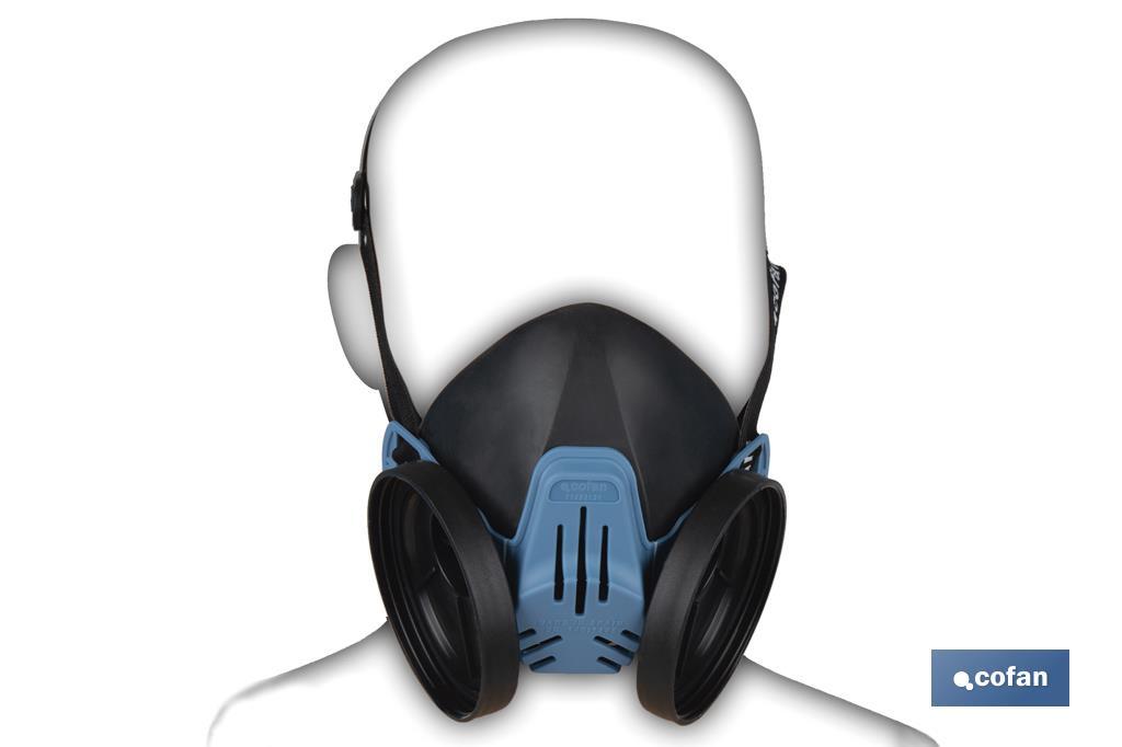 Demi-masque | Pour deux filtres de protection interchangeables | Bandes de fixation | Protection contre les gaz, vapeurs et particules dangereux | Conforme à EN 140:1998 - Cofan