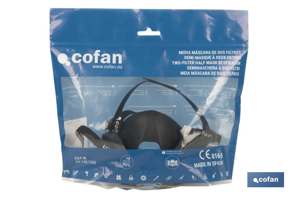 Demi-masque | Pour deux filtres de protection interchangeables | Bandes de fixation | Protection contre les gaz, vapeurs et particules dangereux | Conforme à EN 140:1998 - Cofan