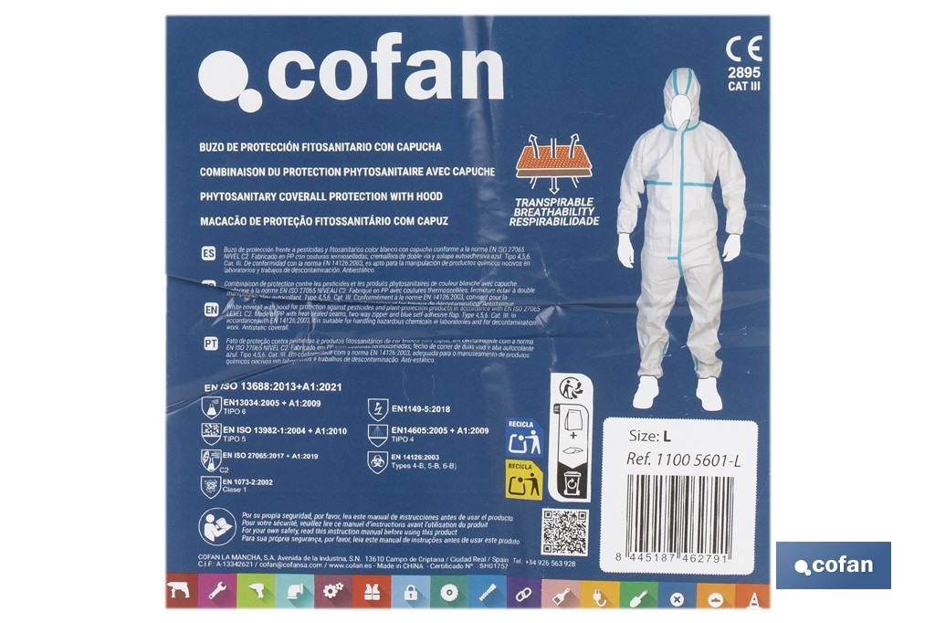 Buzo de protección fitosanitaria con capucha | Protección frente a pesticidas y químicos | Color: blanco | EN ISO 27065 Nivel C2 | Disponible desde la talla M hasta la XXL - Cofan