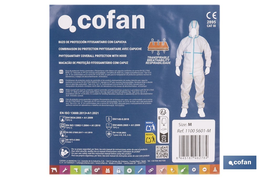 Buzo de protección fitosanitaria con capucha | Protección frente a pesticidas y químicos | Color: blanco | EN ISO 27065 Nivel C2 | Disponible desde la talla M hasta la XXL - Cofan
