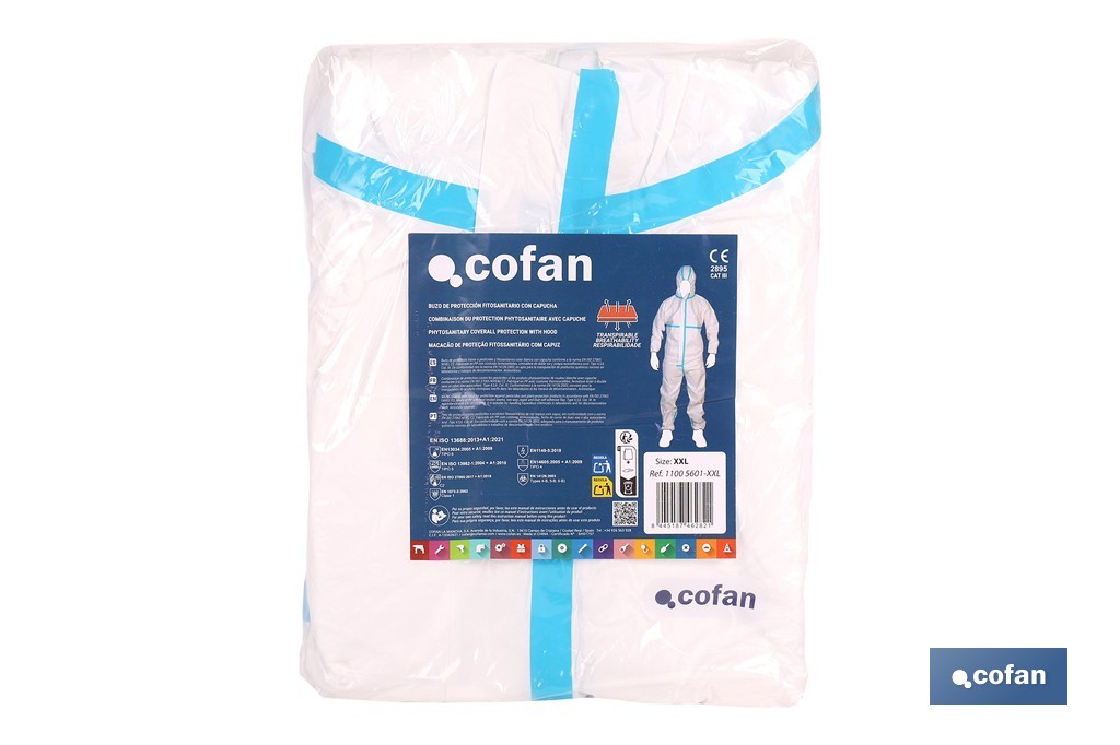 Buzo de protección fitosanitaria con capucha | Protección frente a pesticidas y químicos | Color: blanco | EN ISO 27065 Nivel C2 | Disponible desde la talla M hasta la XXL - Cofan