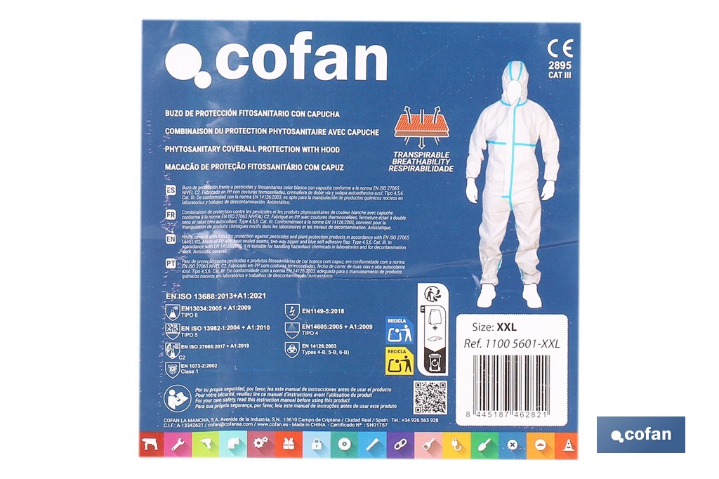 Buzo de protección fitosanitaria con capucha | Protección frente a pesticidas y químicos | Color: blanco | EN ISO 27065 Nivel C2 | Disponible desde la talla M hasta la XXL - Cofan
