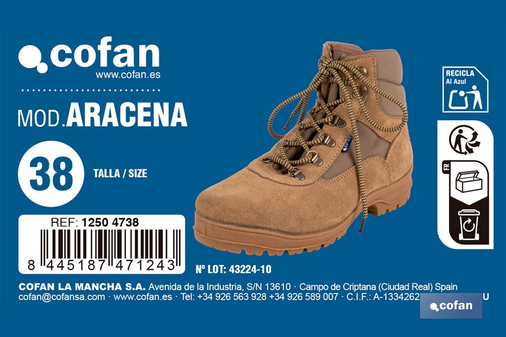 Bota de trekking Aracena con suela antideslizante de caucho | Serraje natural y cierre por cordones | Adecuada para senderismo y media montaña | Disponible desde la talla 38 hasta la 46 - Cofan