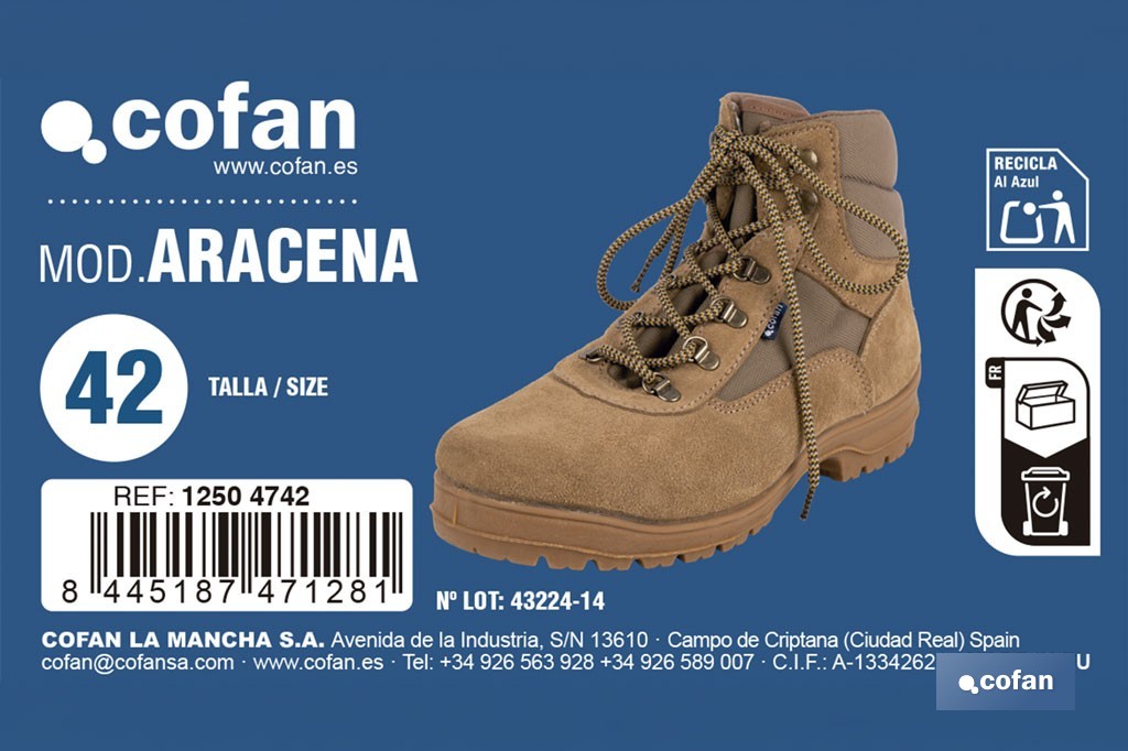 Bota de trekking Aracena con suela antideslizante de caucho | Serraje natural y cierre por cordones | Adecuada para senderismo y media montaña | Disponible desde la talla 38 hasta la 46 - Cofan