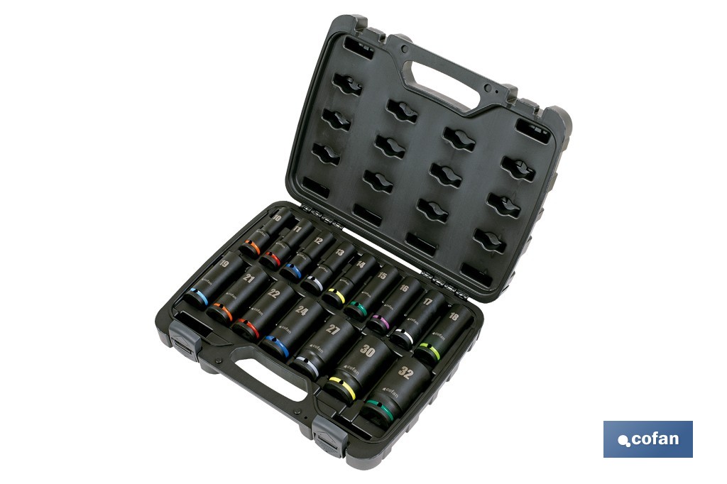 Juego profesional de 16 vasos de impacto largos con cuadradillo de 1/2" - Cofan