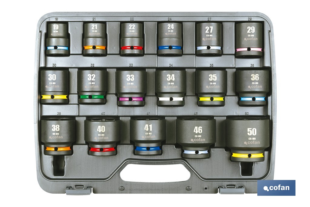 Juego profesional de 17 vasos de impacto con cuadradillo de 3/4" - Cofan