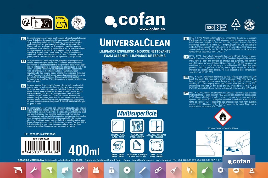 Limpiador espuma universal | Envase de 400 ml con protección antiestática - Cofan