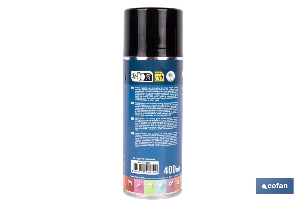 Limpiacristales en aerosol universal | Envase de 400 ml con efecto desengrasante | Fórmula antimarcas - Cofan