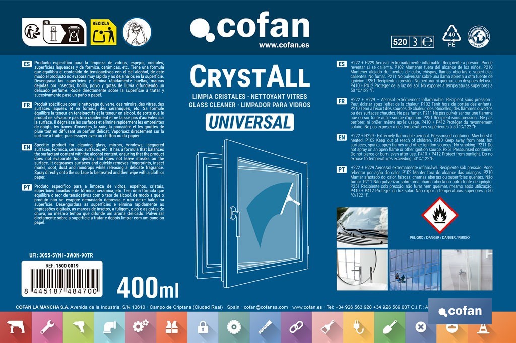 Limpiacristales en aerosol universal | Envase de 400 ml con efecto desengrasante | Fórmula antimarcas - Cofan