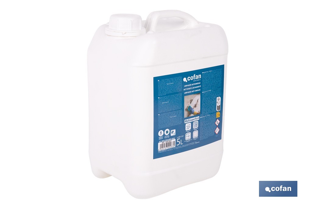 Limpiador antihumedad multisuperficie | Elimina moho y manchas de humedad en baños, cocinas y fachadas | Disponible en diferentes formatos de 500 ml y 5 l - Cofan