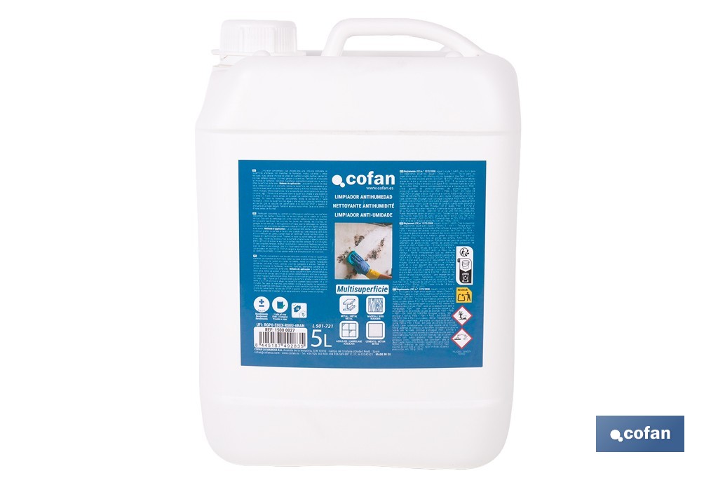 Limpiador antihumedad multisuperficie | Elimina moho y manchas de humedad en baños, cocinas y fachadas | Disponible en diferentes formatos de 500 ml y 5 l - Cofan