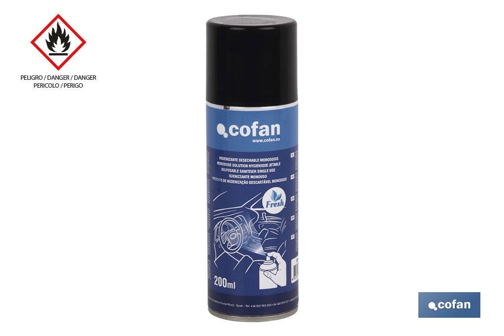 Spray désinfectant jetable | Unidose | Capacité 200 ml | Il élimine les odeurs et il désinfecte tous les types de surfaces - Cofan