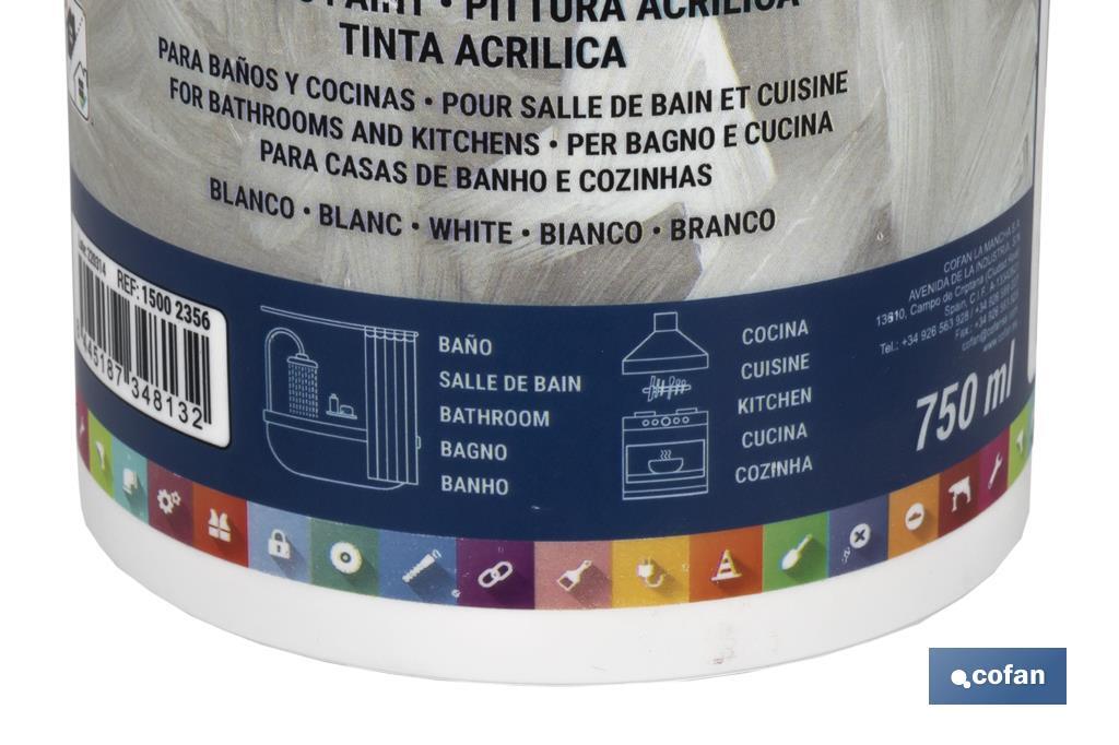 Tinta Acrílica para Casa de Banho e Cozinha | Embalagem de 750ml | Cor branca - Cofan