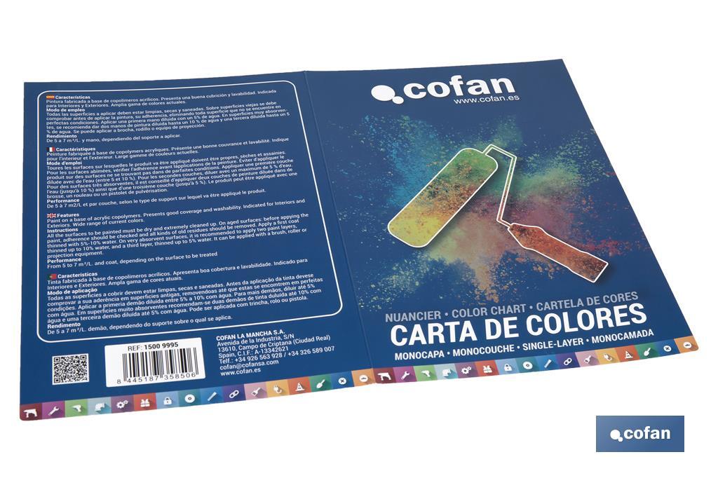 Colour chart for one-coat acrylic paint with 40 colours - Cofan