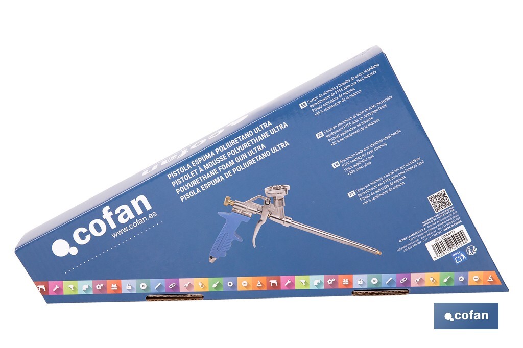 Pistolet pour Mousse de Polyuréthane Ultra | Manche ergonomique | Dimensions : 18 cm x ø2 mm - Cofan
