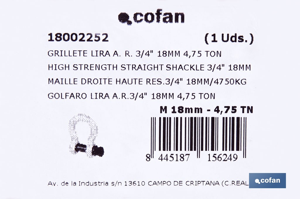 Manilha curva alta resistência zincada - Cofan