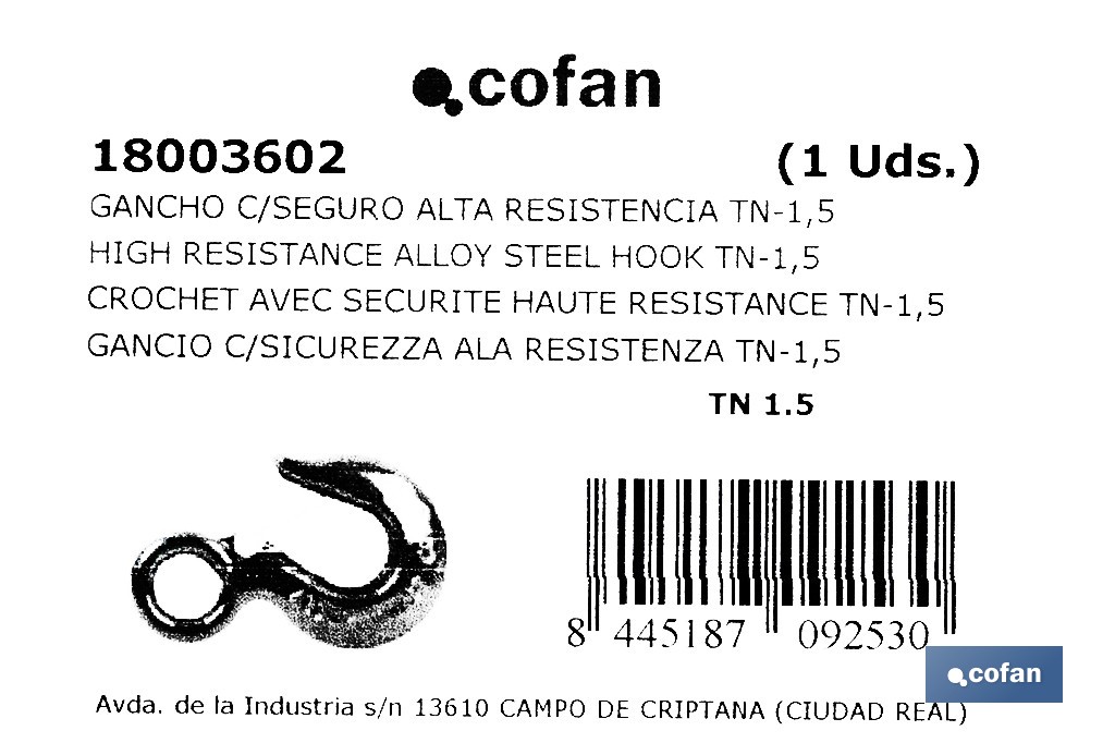 Gancho olhal com trava de segurança liga de aço - Cofan