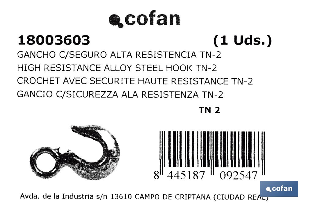Gancho olhal com trava de segurança liga de aço - Cofan