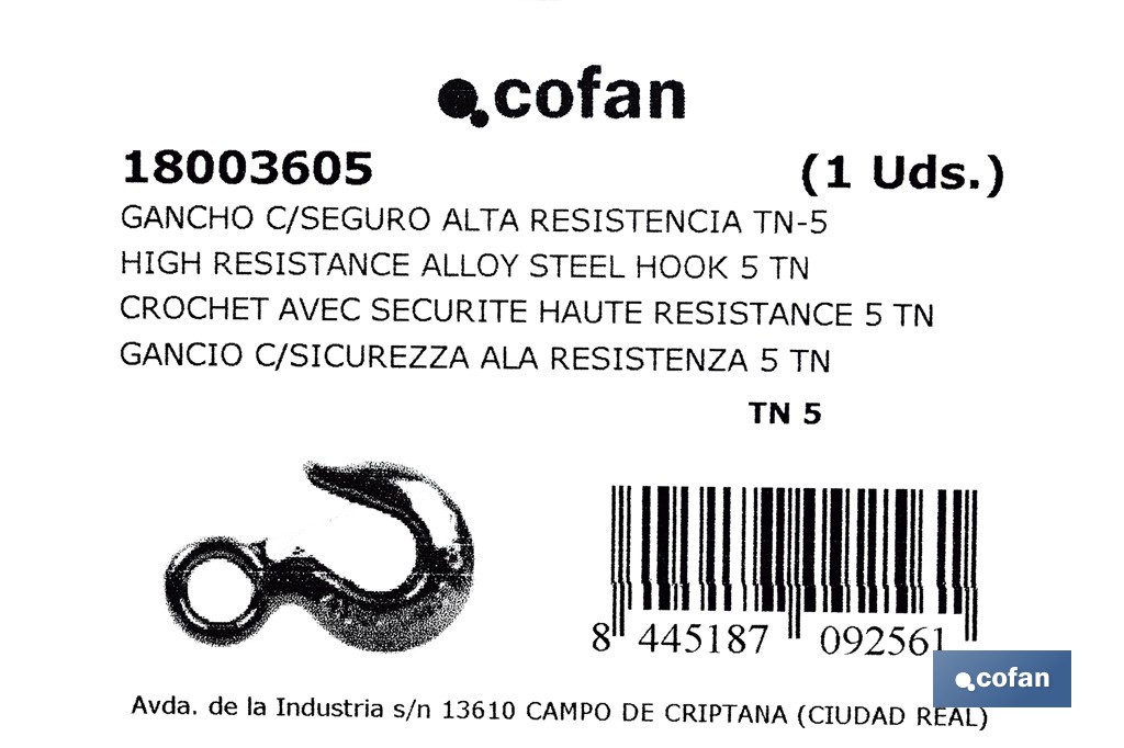 Gancho olhal com trava de segurança liga de aço - Cofan
