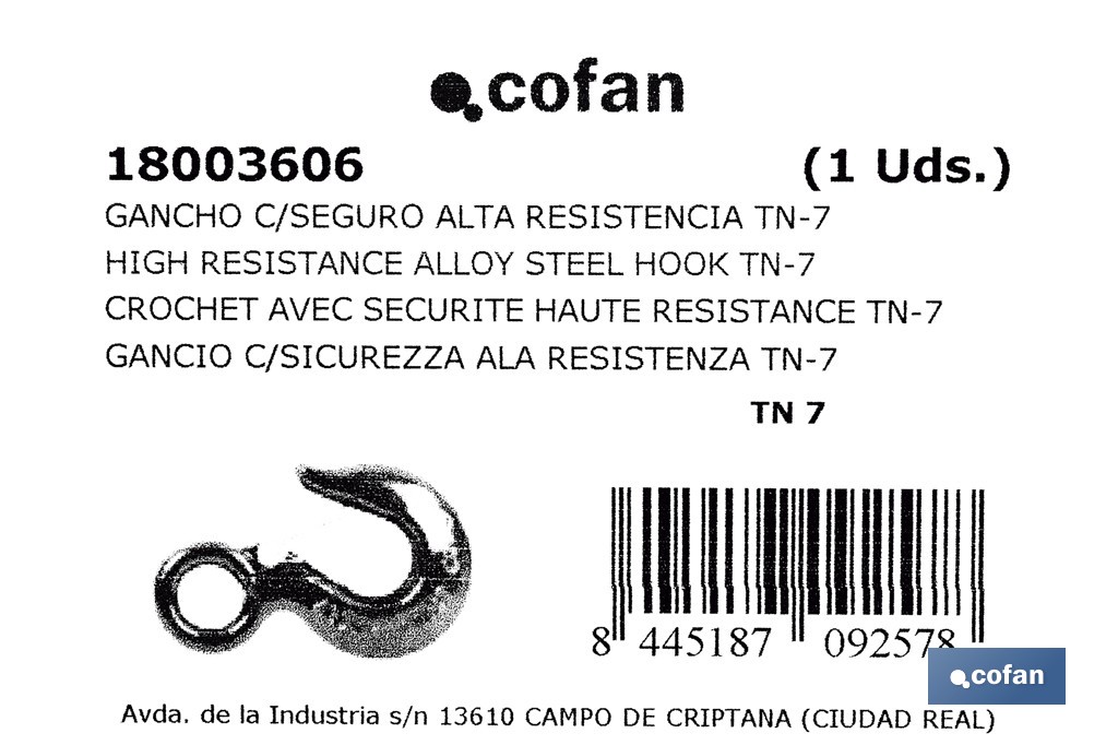 Gancho olhal com trava de segurança liga de aço - Cofan