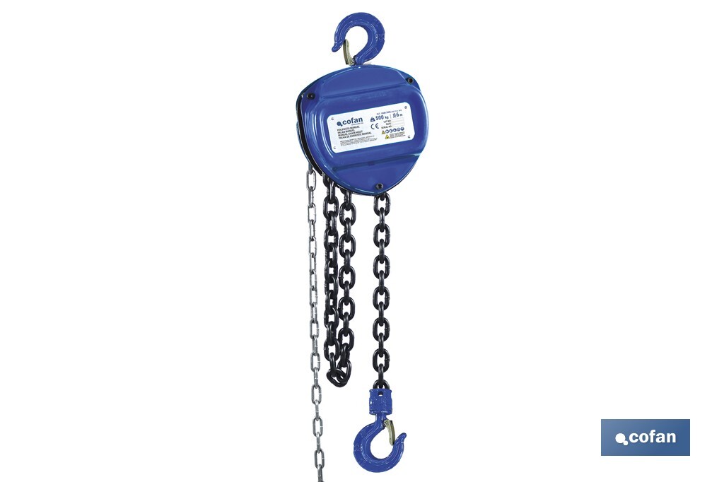 Polipasto de cadena manual | Altura de elevación: 6 m | Color: azul | Gancho resistente | Disponible en varias capacidades de carga - Cofan