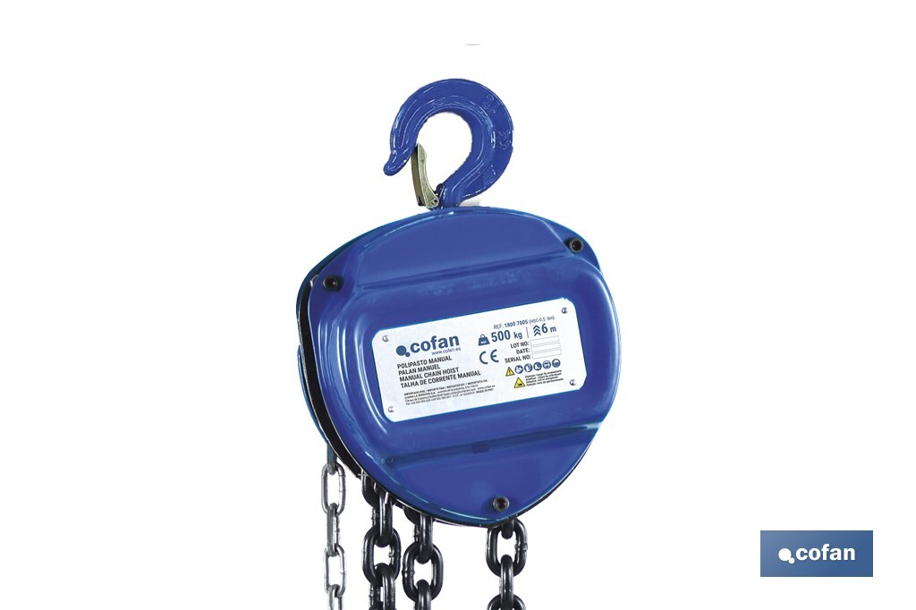 Polipasto de cadena manual | Altura de elevación: 6 m | Color: azul | Gancho resistente | Disponible en varias capacidades de carga - Cofan