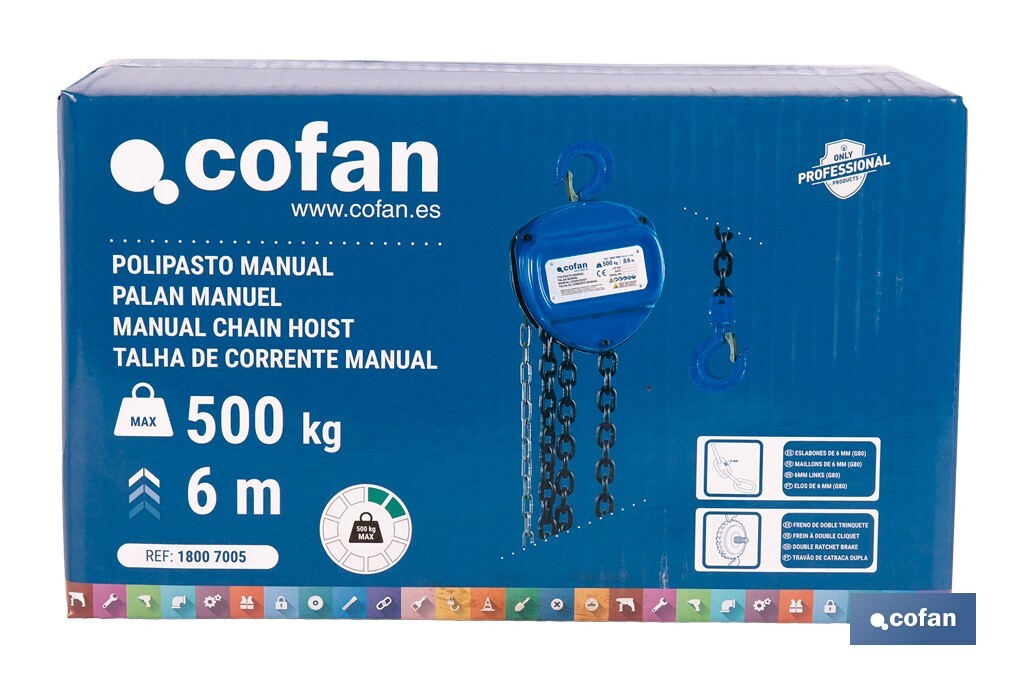 Polipasto de cadena manual | Altura de elevación: 6 m | Color: azul | Gancho resistente | Disponible en varias capacidades de carga - Cofan