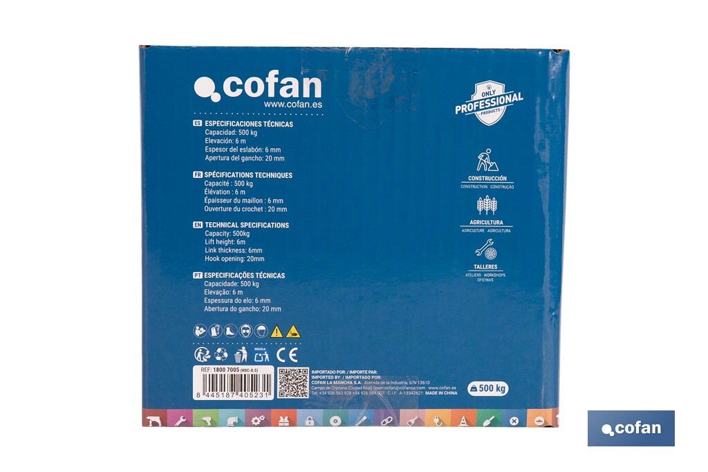 Polipasto de cadena manual | Altura de elevación: 6 m | Color: azul | Gancho resistente | Disponible en varias capacidades de carga - Cofan