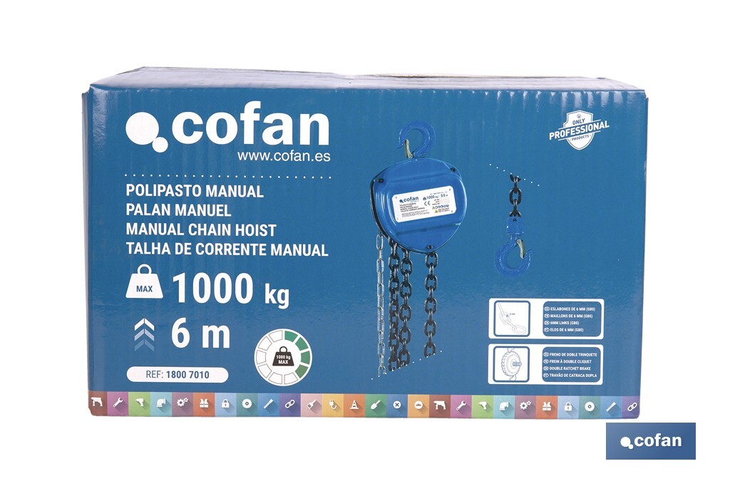 Polipasto de cadena manual | Altura de elevación: 6 m | Color: azul | Gancho resistente | Disponible en varias capacidades de carga - Cofan