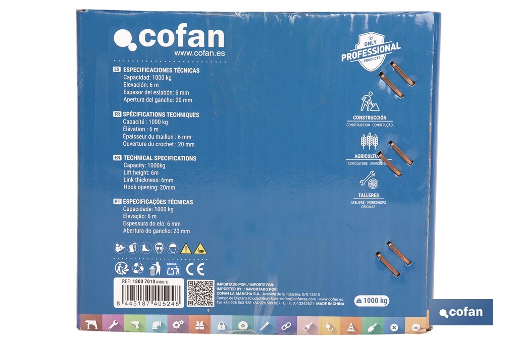 Polipasto de cadena manual | Altura de elevación: 6 m | Color: azul | Gancho resistente | Disponible en varias capacidades de carga - Cofan