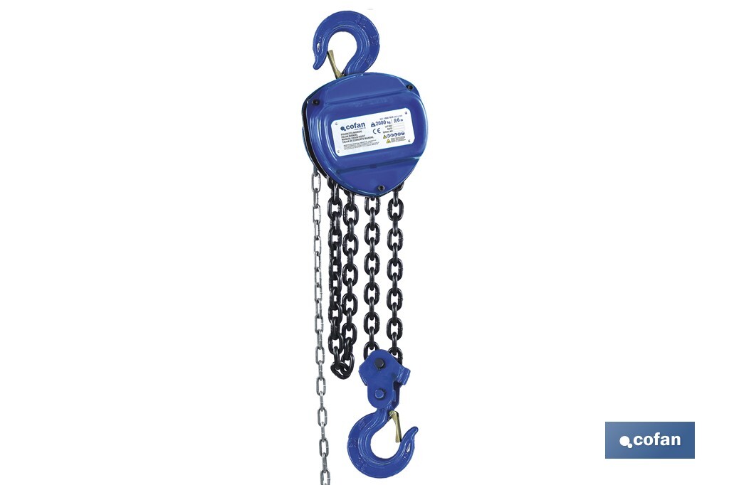 Polipasto de cadena manual | Altura de elevación: 6 m | Color: azul | Gancho resistente | Disponible en varias capacidades de carga - Cofan
