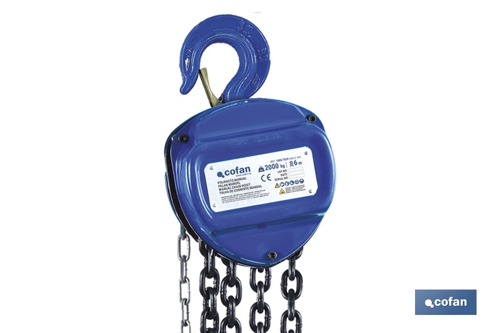 Polipasto de cadena manual | Altura de elevación: 6 m | Color: azul | Gancho resistente | Disponible en varias capacidades de carga - Cofan