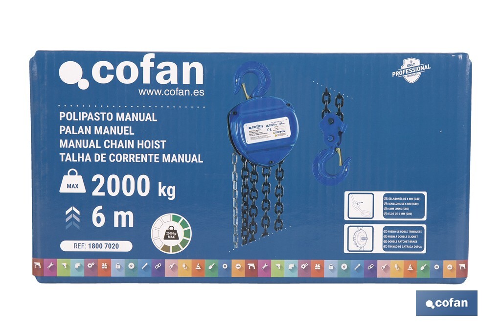 Polipasto de cadena manual | Altura de elevación: 6 m | Color: azul | Gancho resistente | Disponible en varias capacidades de carga - Cofan