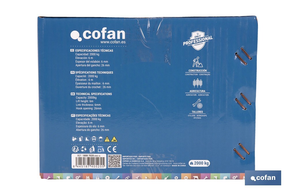 Polipasto de cadena manual | Altura de elevación: 6 m | Color: azul | Gancho resistente | Disponible en varias capacidades de carga - Cofan