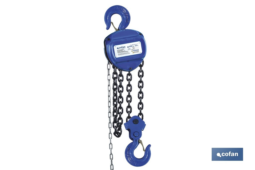 Polipasto de cadena manual | Altura de elevación: 6 m | Color: azul | Gancho resistente | Disponible en varias capacidades de carga - Cofan