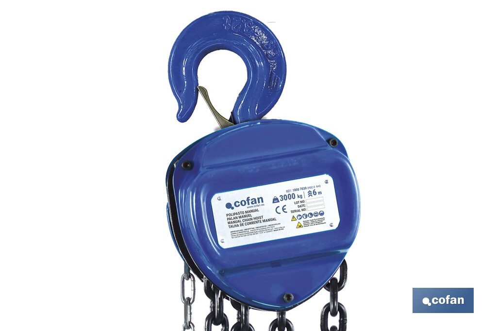 Polipasto de cadena manual | Altura de elevación: 6 m | Color: azul | Gancho resistente | Disponible en varias capacidades de carga - Cofan
