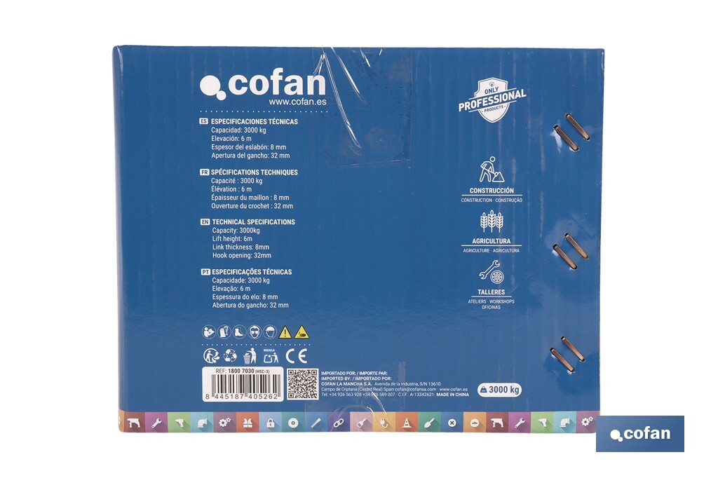 Polipasto de cadena manual | Altura de elevación: 6 m | Color: azul | Gancho resistente | Disponible en varias capacidades de carga - Cofan