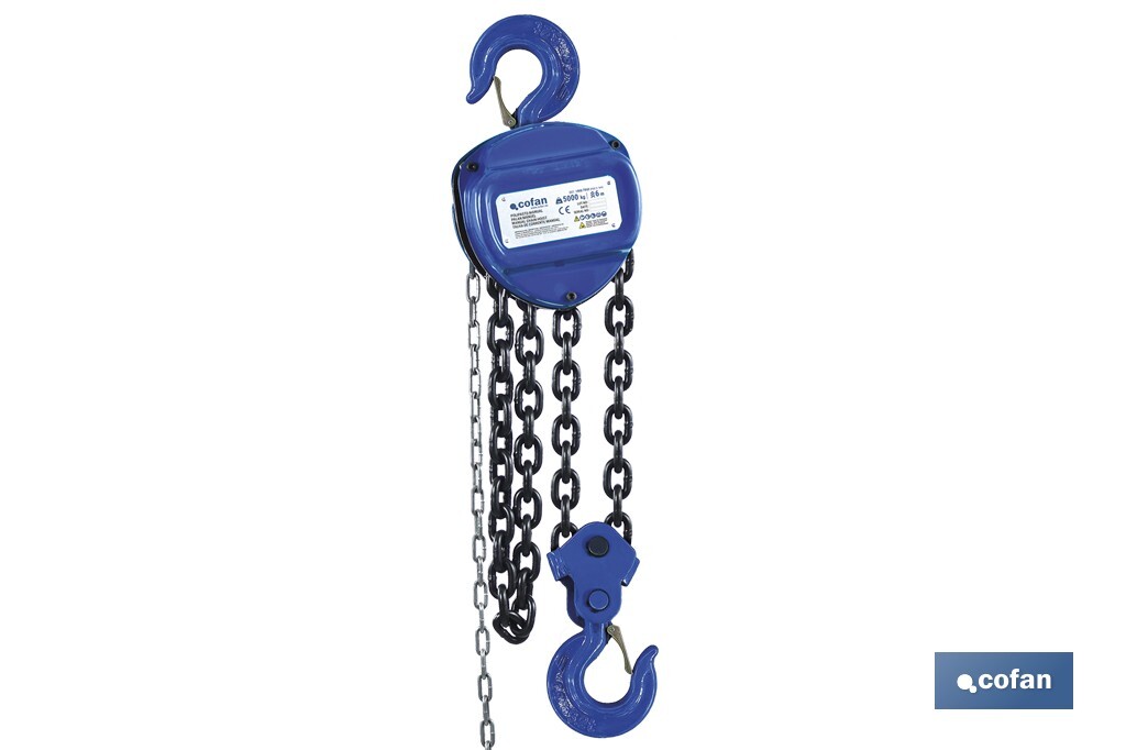 Polipasto de cadena manual | Altura de elevación: 6 m | Color: azul | Gancho resistente | Disponible en varias capacidades de carga - Cofan