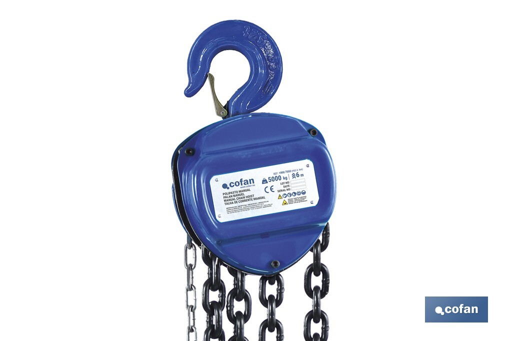 Polipasto de cadena manual | Altura de elevación: 6 m | Color: azul | Gancho resistente | Disponible en varias capacidades de carga - Cofan