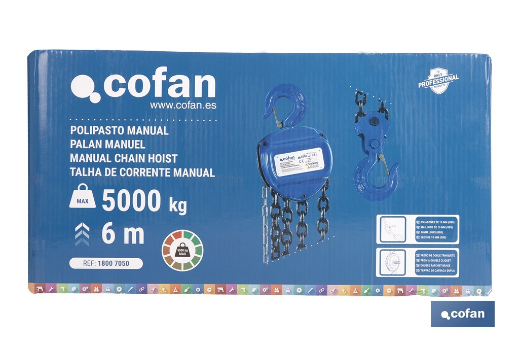 Polipasto de cadena manual | Altura de elevación: 6 m | Color: azul | Gancho resistente | Disponible en varias capacidades de carga - Cofan
