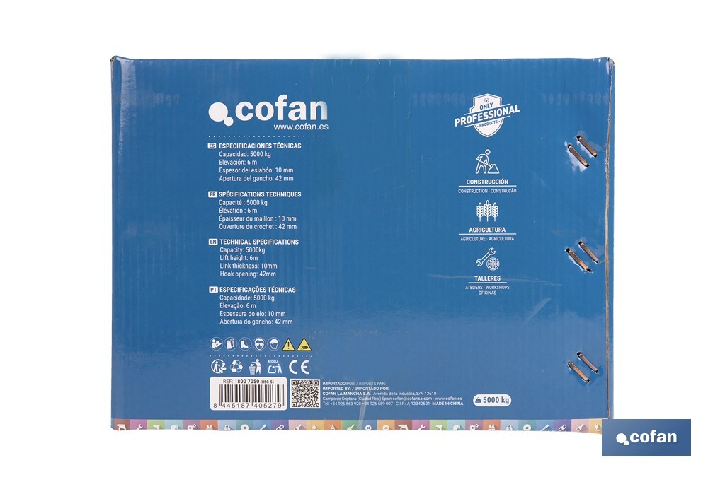 Polipasto de cadena manual | Altura de elevación: 6 m | Color: azul | Gancho resistente | Disponible en varias capacidades de carga - Cofan