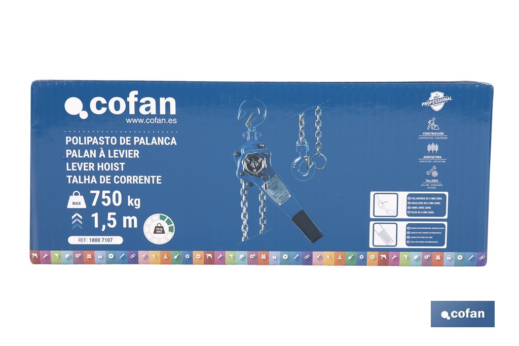 Polipasto manual de palanca | Altura de elevación: 1,5 m | Color: azul | Palanca ergonómica | Gancho resistente | Disponible en varias capacidades de carga - Cofan