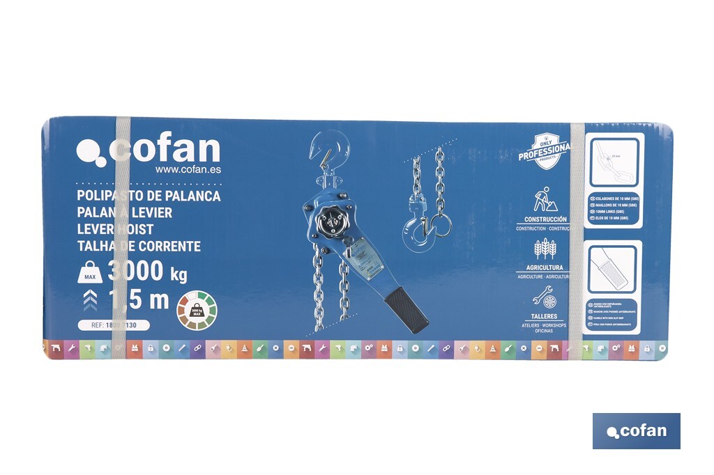 Polipasto manual de palanca | Altura de elevación: 1,5 m | Color: azul | Palanca ergonómica | Gancho resistente | Disponible en varias capacidades de carga - Cofan