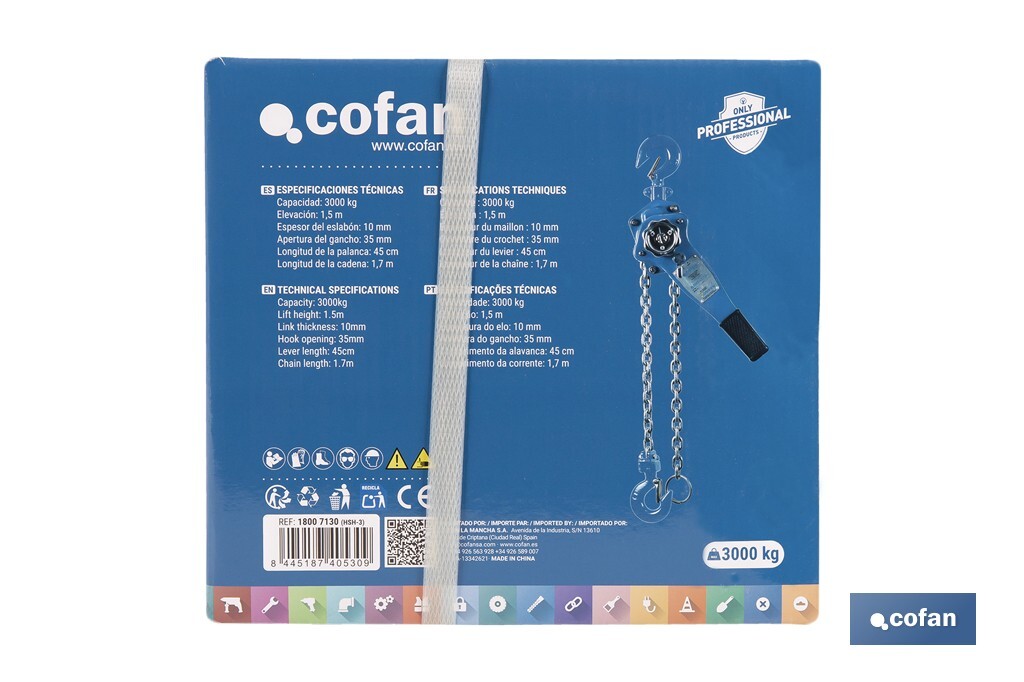 Polipasto manual de palanca | Altura de elevación: 1,5 m | Color: azul | Palanca ergonómica | Gancho resistente | Disponible en varias capacidades de carga - Cofan