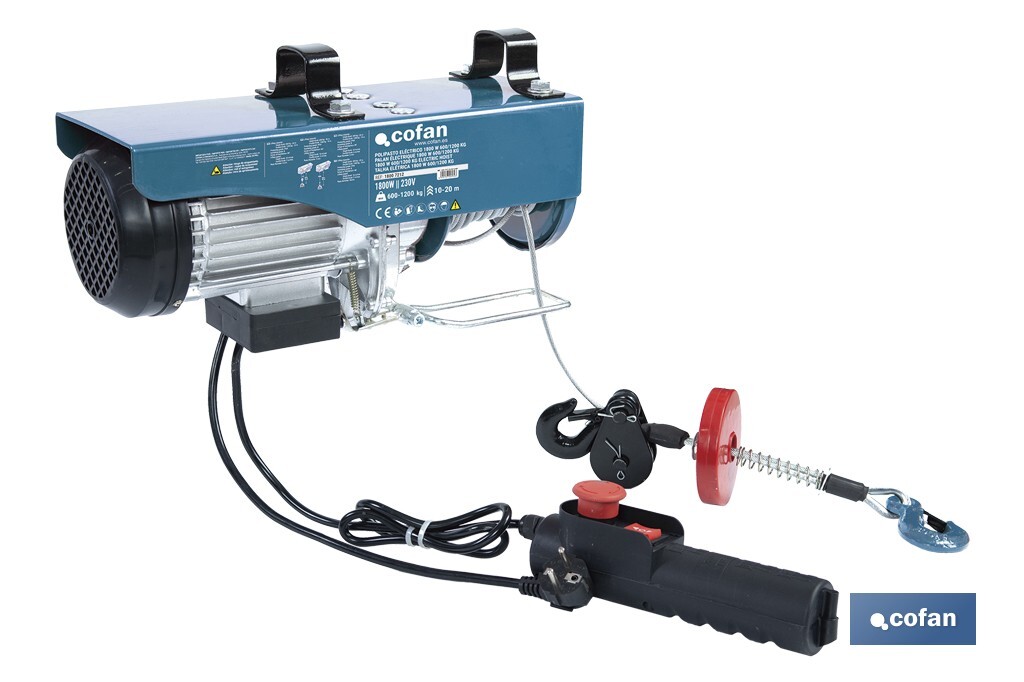 Polipasto eléctrico con parada de emergencia | Altura de elevación: 10/20 m | Protección IP54 | Incluye mando | Disponible en diferentes capacidades de carga - Cofan