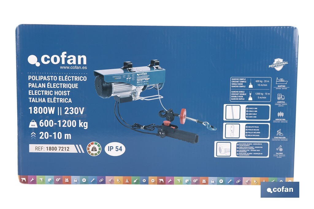 Polipasto eléctrico con parada de emergencia | Altura de elevación: 10/20 m | Protección IP54 | Incluye mando | Disponible en diferentes capacidades de carga - Cofan