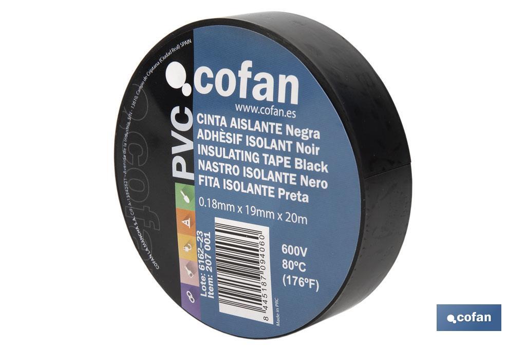 Ruban isolant 180 microns | Couleur noire | Résistant à la tension, à la chaleur et à plusieurs acides et alcalins - Cofan