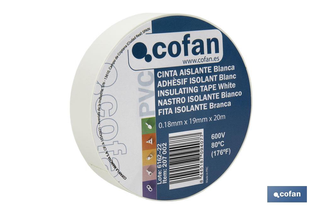 Insulating tape 180 microns | White | Resistant to voltage, heat and different acids and alkaline materials - Cofan