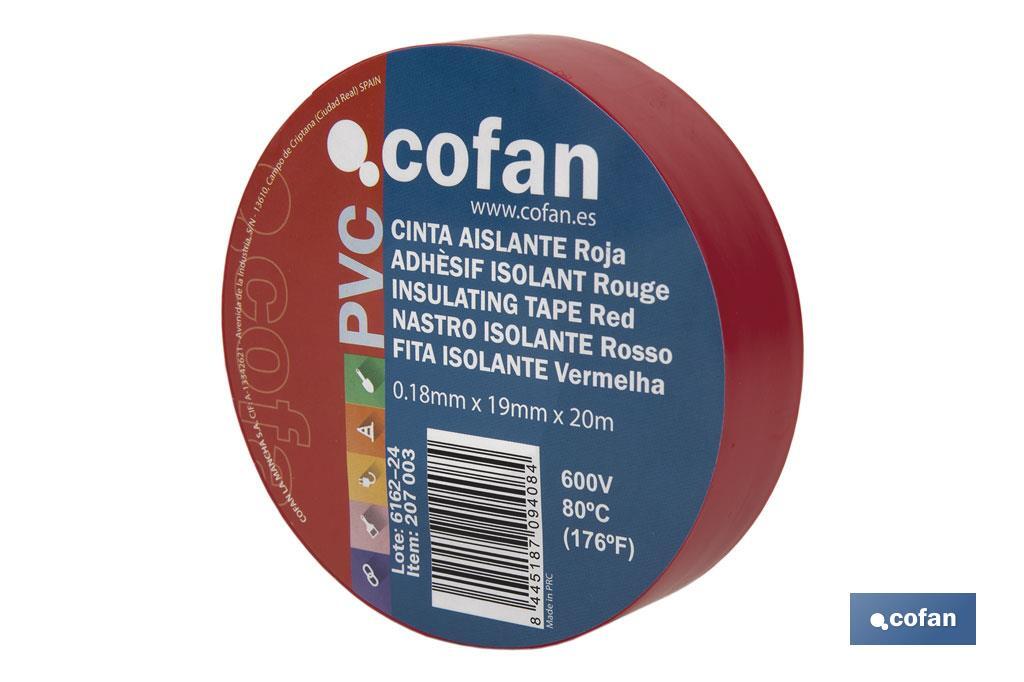 Insulating tape 180 microns | Red | Resistant to voltage, heat and different acids and alkaline materials - Cofan